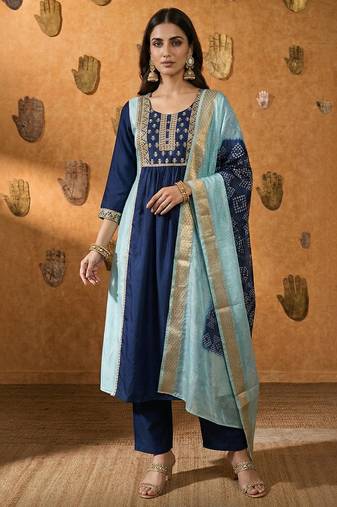 Navy blue embroidered chinnon anarkali