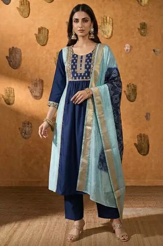Navy blue embroidered chinnon anarkali