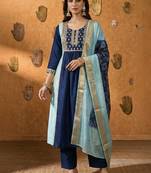 Navy blue embroidered chinnon anarkali