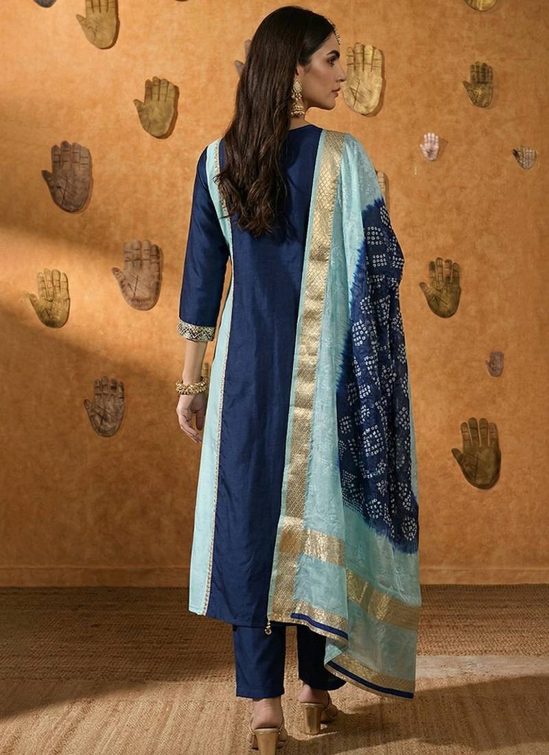 Navy blue embroidered chinnon anarkali