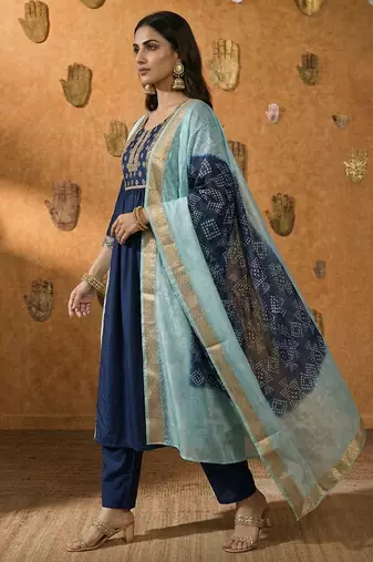 Navy blue embroidered chinnon anarkali