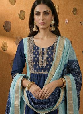 Navy blue embroidered chinnon anarkali 4