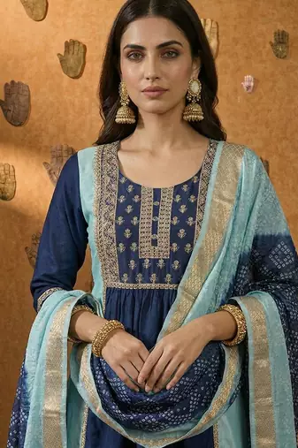 Navy blue embroidered chinnon anarkali