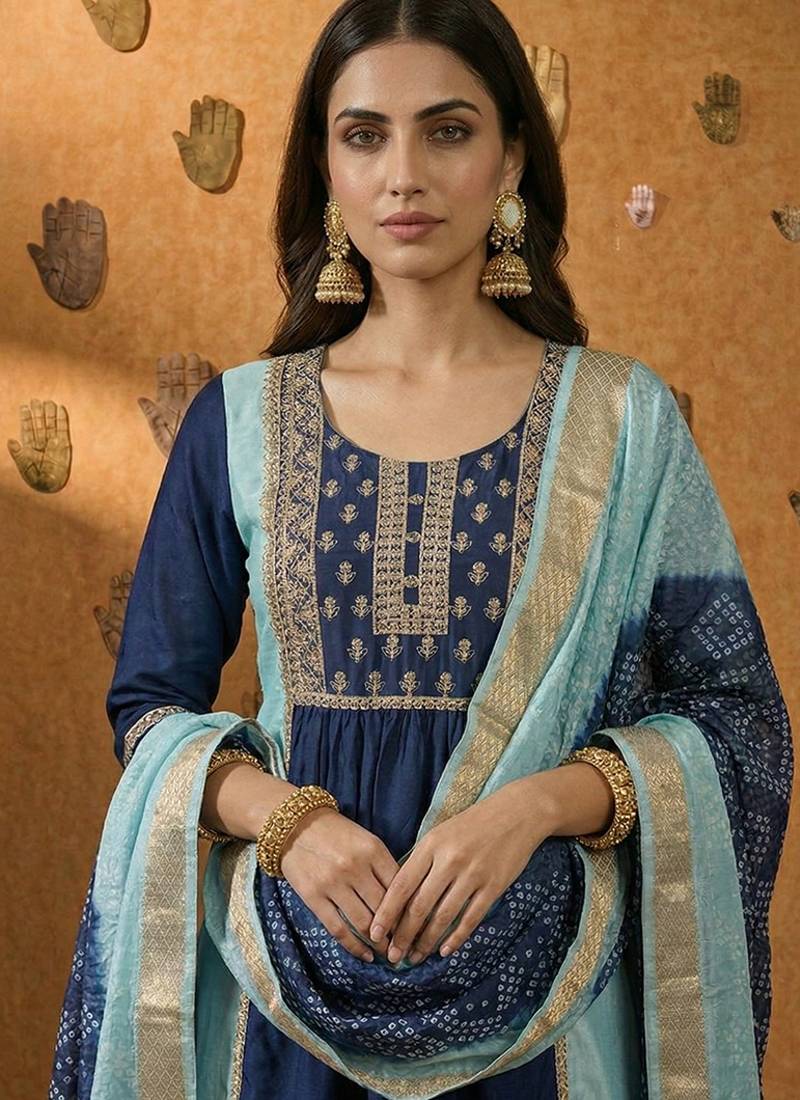 Navy blue embroidered chinnon anarkali