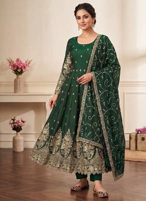 Green colour embroidered georgette anarkali suit set with dupatta & pant 1