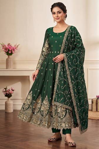 Green colour embroidered georgette anarkali suit set with dupatta & pant
