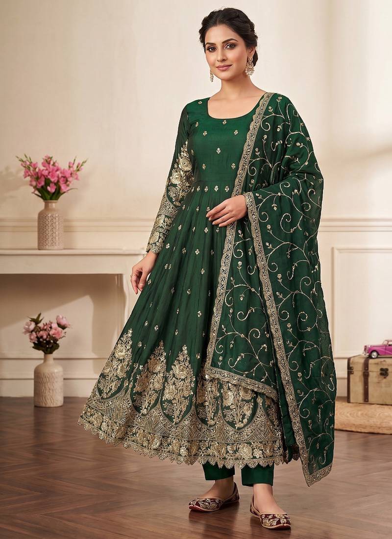 Green colour embroidered georgette anarkali suit set with dupatta & pant