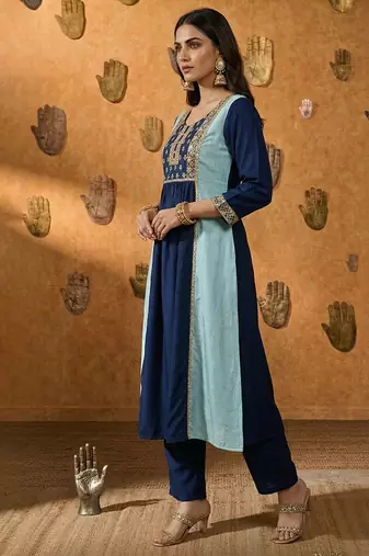Navy blue embroidered chinnon anarkali