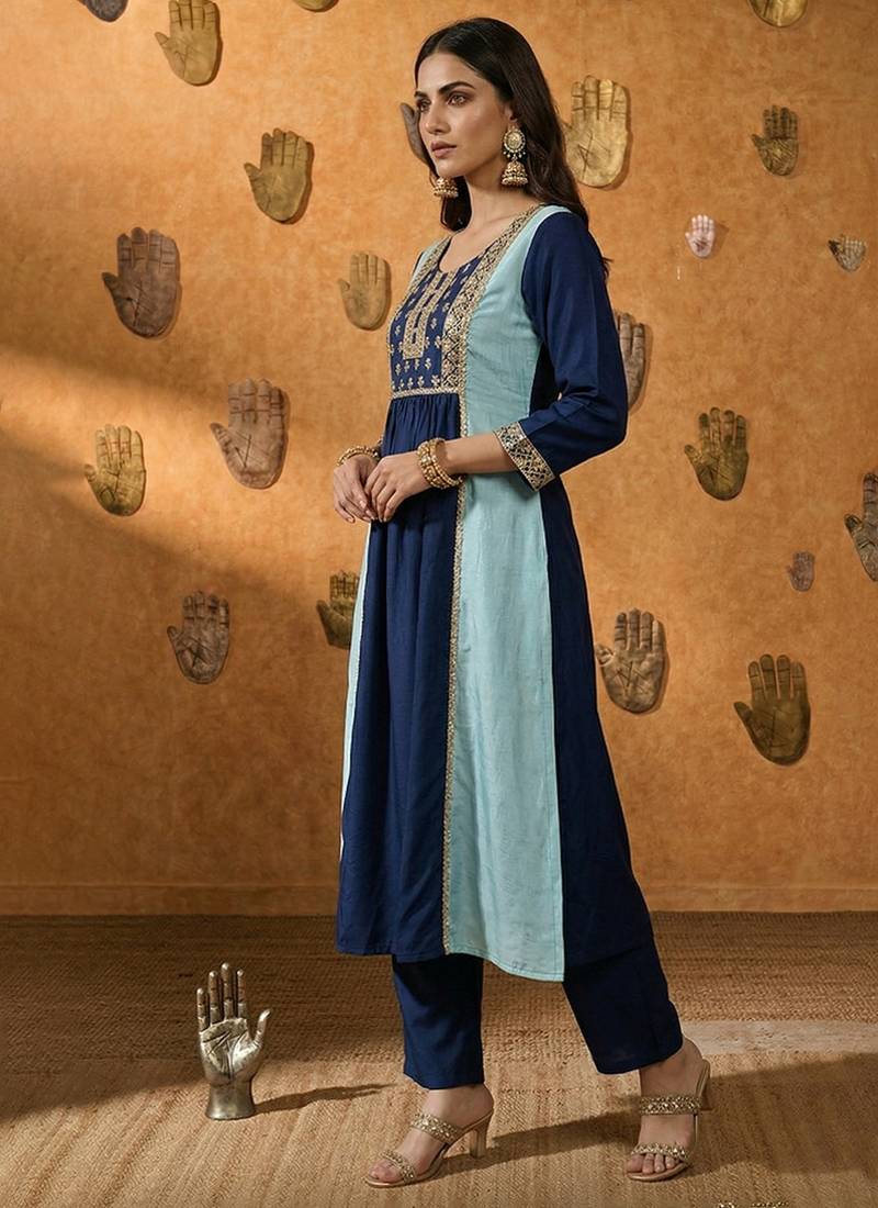 Navy blue embroidered chinnon anarkali