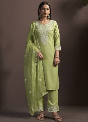Green embroidered cotton blend straight 1