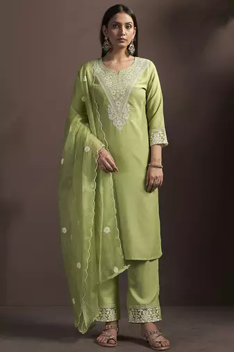 Green embroidered cotton blend straight