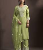 Green embroidered cotton blend straight