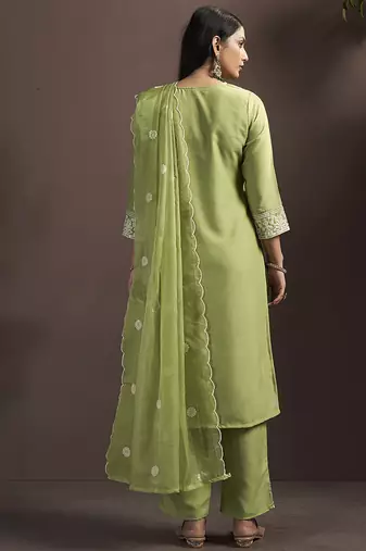 Green embroidered cotton blend straight