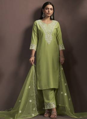 Green embroidered cotton blend straight 3