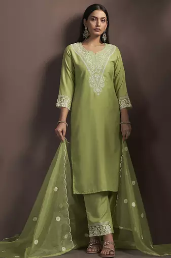 Green embroidered cotton blend straight