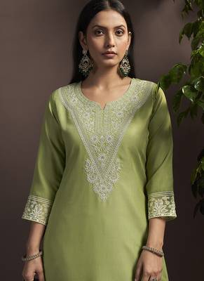 Green embroidered cotton blend straight 4