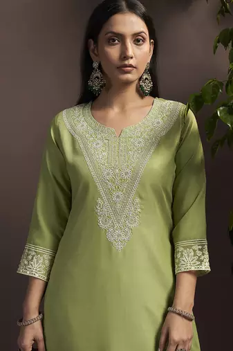 Green embroidered cotton blend straight