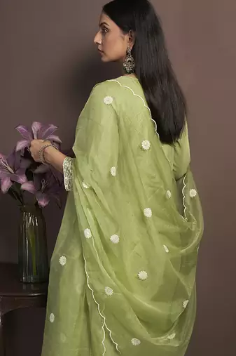 Green embroidered cotton blend straight