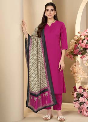 Pink solid & printed cotton blend straight 1