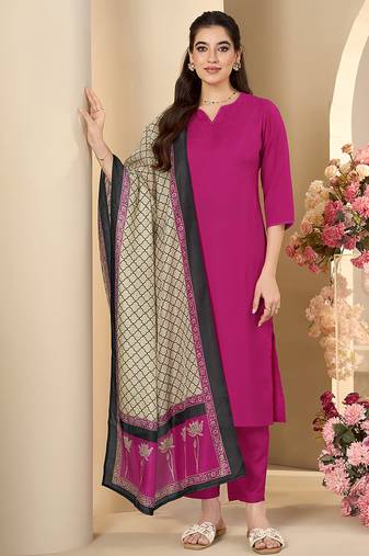 Pink solid & printed cotton blend straight