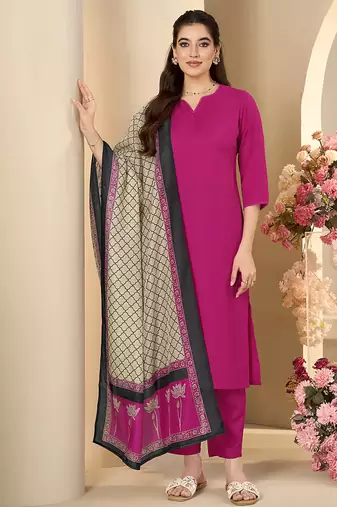 Pink solid & printed cotton blend straight