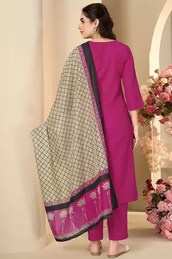 Pink solid & printed cotton blend straight