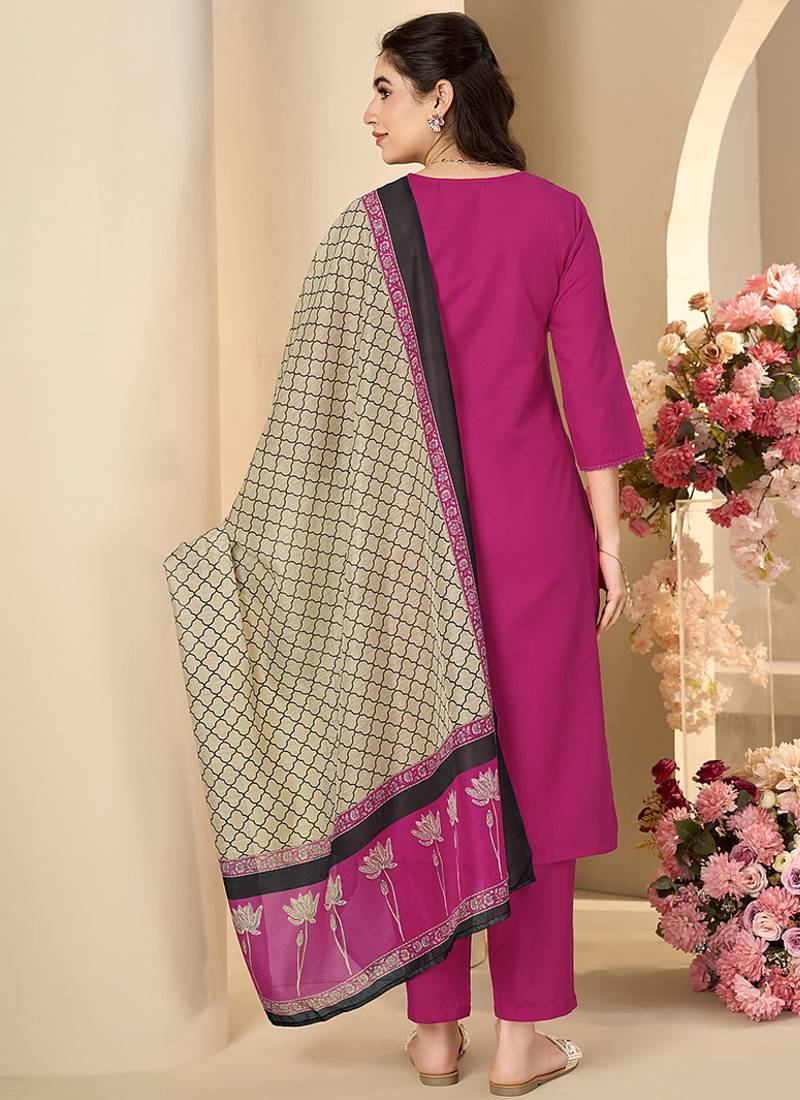 Pink solid & printed cotton blend straight