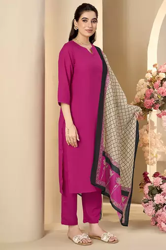 Pink solid & printed cotton blend straight