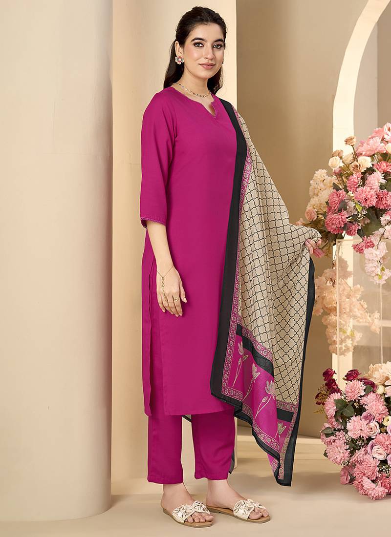 Pink solid & printed cotton blend straight