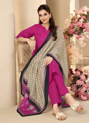Pink solid & printed cotton blend straight 4