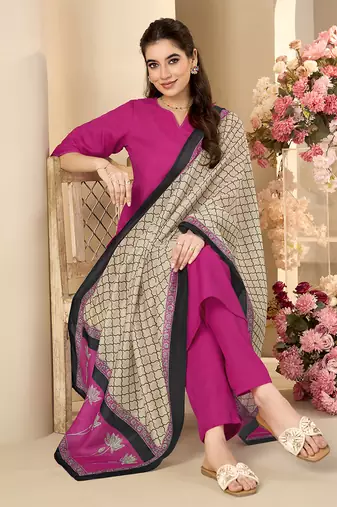 Pink solid & printed cotton blend straight