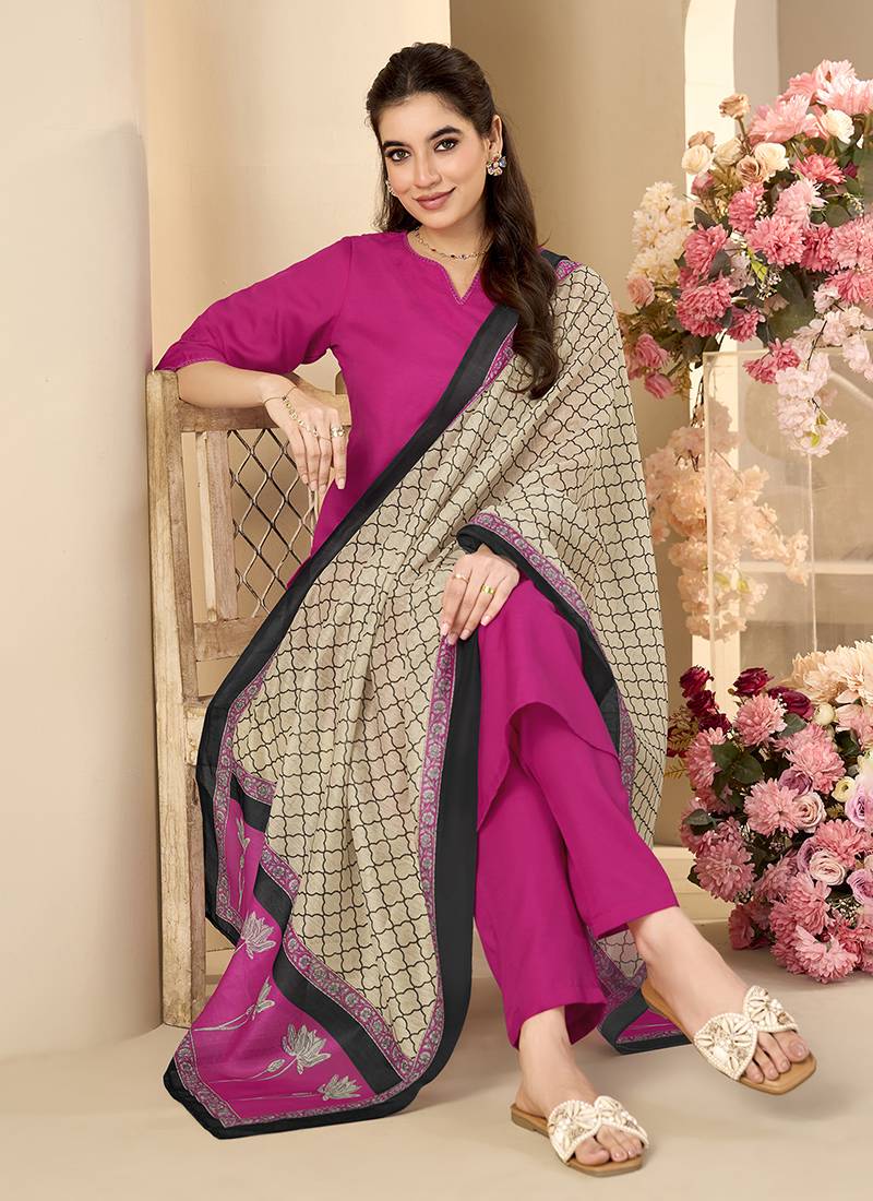 Pink solid & printed cotton blend straight