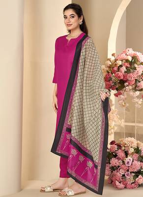Pink solid & printed cotton blend straight 5