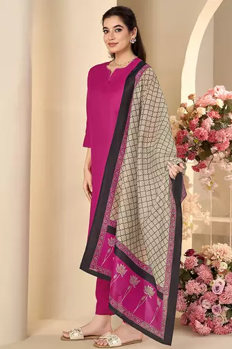 Pink solid & printed cotton blend straight