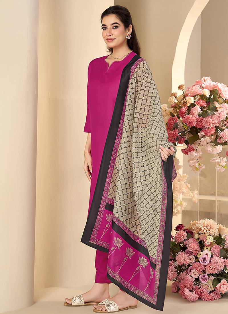 Pink solid & printed cotton blend straight