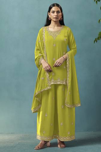 Green embroidered georgette palazzo