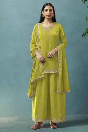 Green embroidered georgette palazzo