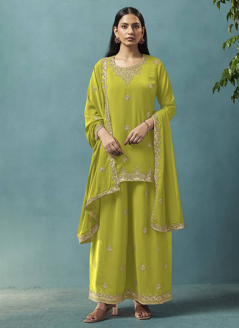 Green embroidered georgette palazzo