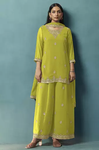 Green embroidered georgette palazzo