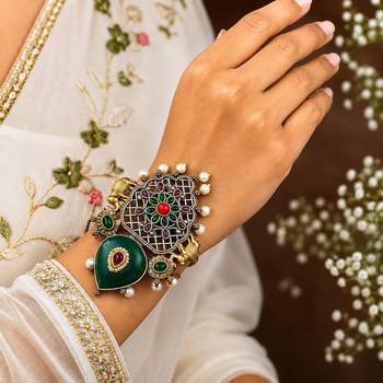 Antique Green Stone Fusion Kada with kundan pearl, Oxidized Silver Brass Cuff Bracelet, Tribal Boho Ethnic Bracelet 1