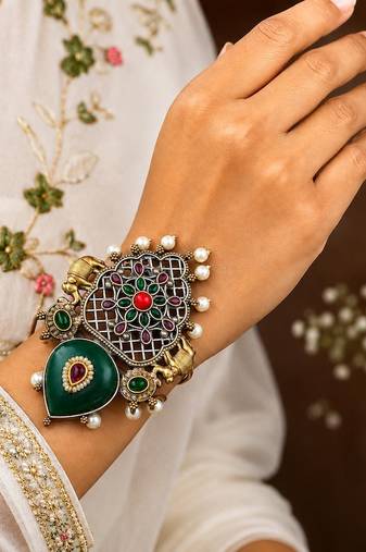 Antique Green Stone Fusion Kada with kundan pearl, Oxidized Silver Brass Cuff Bracelet, Tribal Boho Ethnic Bracelet