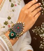 Antique Green Stone Fusion Kada with kundan pearl, Oxidized Silver Brass Cuff Bracelet, Tribal Boho Ethnic Bracelet