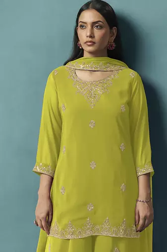 Green embroidered georgette palazzo