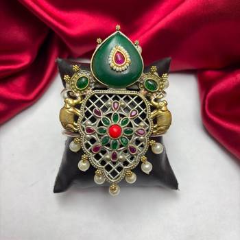 Antique Green Stone Fusion Kada with kundan pearl, Oxidized Silver Brass Cuff Bracelet, Tribal Boho Ethnic Bracelet 2