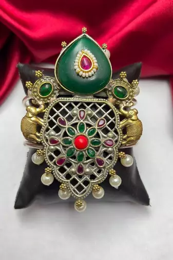 Antique Green Stone Fusion Kada with kundan pearl, Oxidized Silver Brass Cuff Bracelet, Tribal Boho Ethnic Bracelet