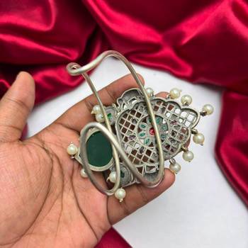 Antique Green Stone Fusion Kada with kundan pearl, Oxidized Silver Brass Cuff Bracelet, Tribal Boho Ethnic Bracelet 3
