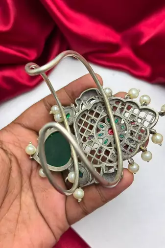 Antique Green Stone Fusion Kada with kundan pearl, Oxidized Silver Brass Cuff Bracelet, Tribal Boho Ethnic Bracelet
