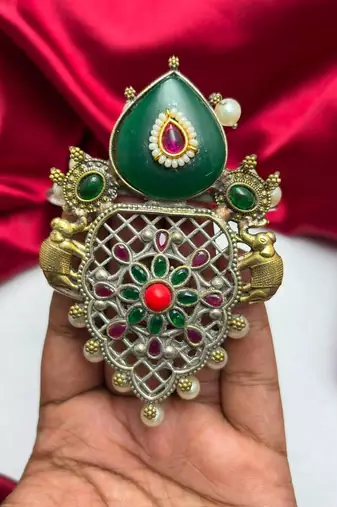 Antique Green Stone Fusion Kada with kundan pearl, Oxidized Silver Brass Cuff Bracelet, Tribal Boho Ethnic Bracelet