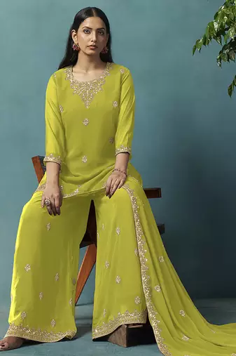 Green embroidered georgette palazzo