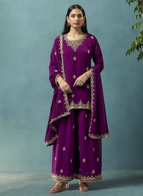 Wine embroidered georgette palazzo 1